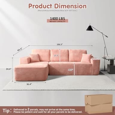 ovios 104" Cloud Sectional Couch with L-Shape Chaise,Modern Modular Sofa with Deep Seat, Upholstered Couches for Living Room Bedroom,No Assembly Required, Pink (Plush Corduroy Fabric) - Image 2