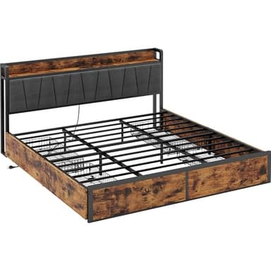 LIKIMIO California King Bed Frame with 4 Storage Drawers, Platform Bed with Charged Headboard, Sturdy and Stable, No Noise, No Box Spring Needed, Easy to Install, Vintage Brown and Gray - Image 8