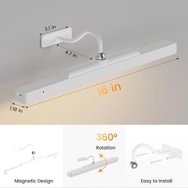 Picture Light with Remote - 16in White Rechargeable Battery Wall Light for Paintings, Cordless Wall Sconce for Art Painting & Photo Frames, 5000mAh with Timer, 350LM Brightness (3-Pack) - Image 6