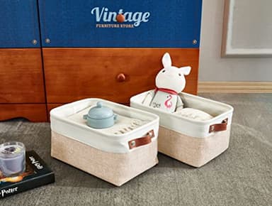 DECOMOMO Small Storage Basket, Closet Storage Bins, Baskets for Organizing Shelves (Beige & White, Small - 6 Pack) - Image 8