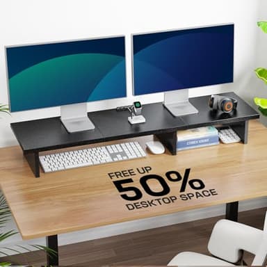 HUANUO Dual Monitor Stand Riser With Cable Clip - Desktop Storage Shelf Organizer for 2 Monitors, Computer, Laptop, Printer, TV - Image 3