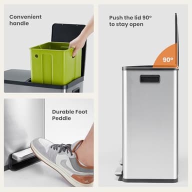 DUMOS Dual Compartment Trash Can, 2 x 8 Gallon Recycling Bin with Soft-Close Foot Pedal, Kitchen Garbage Can with Removable Inner Buckets, Fingerprint-Resistant, Space-Saving Waste Sorter - Image 2