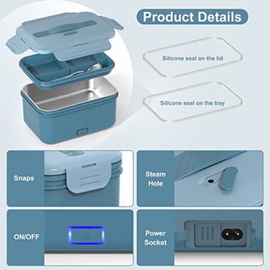 Vabaso Electric Lunch Box Food Heater, 1.8L/61oz Heated for Adults Car/Truck Home/Work, 60/80/100W Warmer Heating with Removable Stainless Steel Container, 12V/24V/110V220V Blue - Image 7