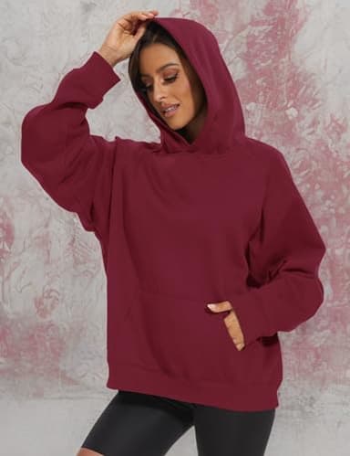 Lauweion Women Solid Basic Fleece Letter Loose Hoodie Sweatshirt Long Sleeve Kangaroo Pocket Drop Shoulder Pullovers Top Burgundy - Image 8
