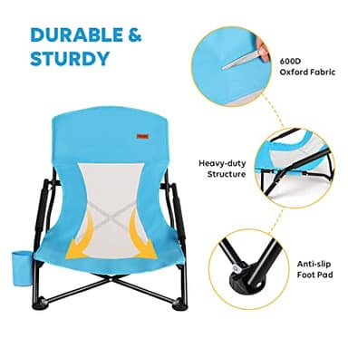 TOBTOS Low Beach Chair, Beach Chairs for Adults 2 Pack, Low Profile Folding with Cup Holder & Carry Bag, Heavy Duty Chair for Outdoor Sand, Camping, Concert, Travel - Image 4