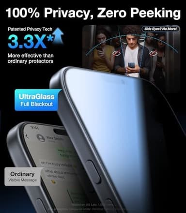 UltraGlass TOP 9H+ Armor for iPhone 17 Pro Privacy Screen Protector [NO.1 Military Grade Shatterproof] Privacy Screen iPhone 17 Pro Tempered Glass [100% Anti-Spy] Longest Durable, 2 Pack, 6.3'' - Image 4