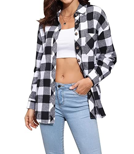 Lacozy Women Buffalo Plaid Flannel Shirt Long Sleeve Collar Button Down Blouses Tops Black White XL - Image 1