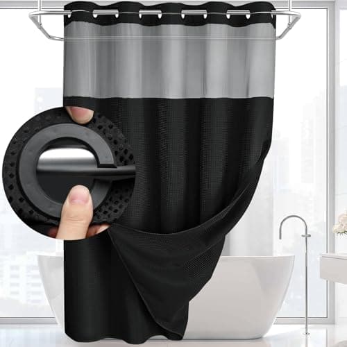 YellyHommy No Hook Shower Curtain with Snap in Liner Set Less Time Black Waffle Shower Curtain for Bathroom 75" L x 72" W - Image 1