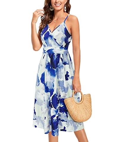 OUGES Women's Summer Spaghetti Strap V-Neck Floral Midi Party Dress with Pockets(FloralS-452,M) - Image 4
