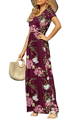 DB MOON Women's Casual Plus Size Maxi Dresses Short Sleeve Empire Waist Long Dress with Pockets(Flower Burgundy, XL) - Image 2