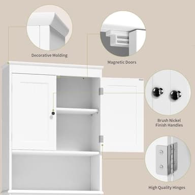 Gizoon Over The Toilet Storage Cabinet with Adjustable Shelf and Double Doors, Bathroom Space Saver Organizer Above Toilet with Open Shelf, Taller Wooden Free Standing Toilet Rack -White - Image 5
