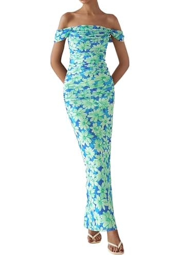 PRETTYGARDEN Maxi Dresses for Women 2025 Summer Elegant Floral Off Shoulder Ruched Mesh Cocktail Wedding Guest Dress (Light Green Daisy,Medium) - Image 7