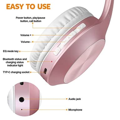 Rydohi Bluetooth Headphones Over Ear, 68H Playtime 3 EQ Music Modes Wireless Headphones with Microphone/Deep Bass, HiFi Stereo Foldable Headset for PC Home Travel Office (Rose Gold) - Image 6