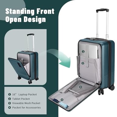 WireHot 20 inch Small Carry On Luggage Front Open with Laptop Pocket, ABS+PC Hard Shell Suitcase with Spinner Wheels TSA Lock & YKK Zipper, 20in/Toiletry Bag/Handbag, Teal Blue - Image 4