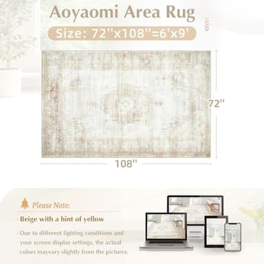 Vintage Living Room Area Rug - 6x9 Large Machine Washable Boho Moroccan Distressed Farmhouse Rugs for Bedroom - Soft Non-Slip Indoor Floor Accent Rugs for Office Dining Room (Beige, 6' x 9') - Image 2