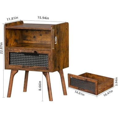 Lerliuo Rattan Nightstand, Boho Side Table with Drawer Open Shelf, Cane Accent Bedside End Table with Solid Wood Legs for Bedroom, Dorm and Small Spaces (Brown) - Image 3