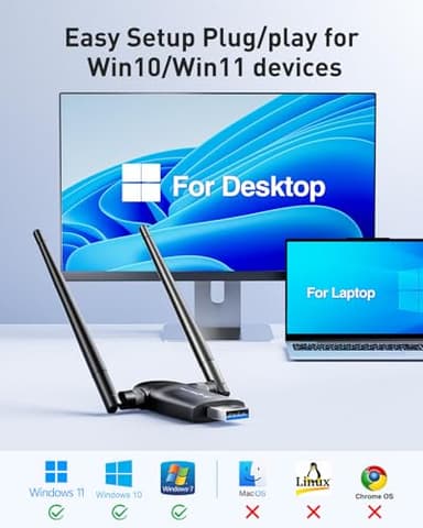 Wireless USB WiFi Adapter for PC - Nineplus 1300Mbps Dual 5Dbi Antennas 5G/2.4G WiFi Adapter for Desktop PC Laptop Windows11/10/8/7/Vista/XP, Wireless Adapters for Desktop Computer Network Adapters - Image 6