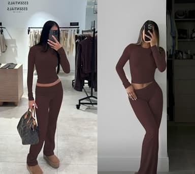 Women's 2 Piece Casual Outfits Pajama Slim Fit Long Sleeve Top Fold-Over Bell Bottoms Cotton Jersey Set Coffee - Image 6