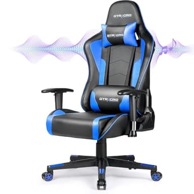 GTRACING Gaming Chair with Speakers, Video Game Chair Bluetooth Music with Lumbar Support, Ergonomic Comfortable Office Computer Chair for Adults, Height Adjustable Reclining Chairs, 360° Swivel, Blue - Image 1