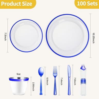 Goodluck 700 Piece Dark Blue Plastic Dinnerware Set for Party, Clear Disposable Plates for 100 Guests, Include: 100 Dinner Plates, 100 Dessert Plates, 100 Pre Rolled Napkins with Cutlery Set, 100 Cups - Image 4