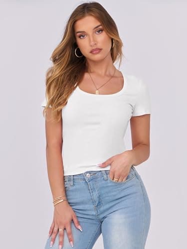 ANRABESS Women Short Sleeve Tops Scoop Neck Ribbed Knit Slim Fitted Basic Tee Shirts Casual Summer Clothes 2025 Fall Outfits White X-Large - Image 2