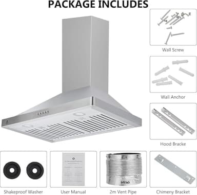 JustSmart Range Hood 30 Inch, Wall Mount Hood Vents for Kitchen, Stainless Steel Stove Kitchen Hood, 400CFM, Button Controls, 3-Speed Exhaust Fan, LED Lights, Reusable Baffle Filters, Silver - Image 7