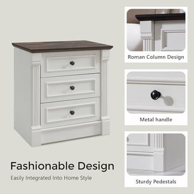 Aitjunz 26" Tall Farmhouse Nightstand Set of 2, 3 Drawers End Table w/Charging Station, 23.6" Wide Large Side Table w/Roman Column, Wood Rustic Sofa Table for Bedroom, White - Image 5