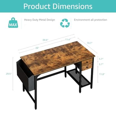 Lufeiya Computer Desk with Drawers - 40 Inch Work Reversible Small Desk for Bedroom Home Office, Simple Study Writing Table PC Desks with Drawer Storage Shelves, Rustic Brown - Image 3