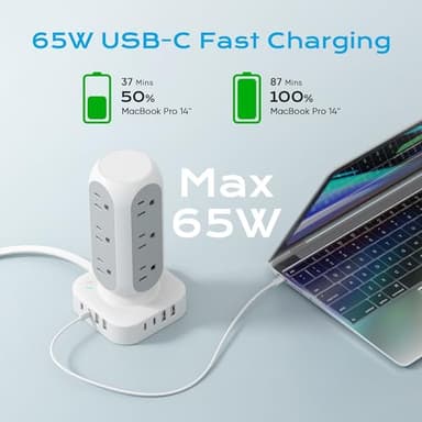 TenTrend 65W Fast Charging Station, Flat Plug Power Strip Tower with 12 AC Outlets & 8 USB Ports (2 PD USB-C Ports), 10FT Extension Cord, Compatible for MacBook Pro, iPhone Series. - Image 2