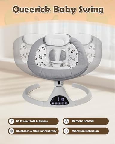 Electric Baby Swing for Infants to Toddler Portable Babies Swings Timing Function 5 Swing Speeds Bluetooth Touch Screen Music Speaker with 10 Preset Lullabies 5-Point Carabiner Gray - Image 4