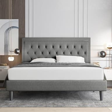 Allewie Queen Size Upholstered Platform Bed Frame with Adjustable Headboard, Button Tufted, Wood Slat Support, Easy Assembly, Light Grey - Image 3