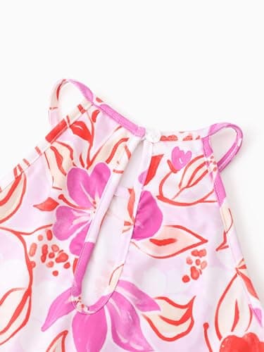 PATPAT Girls Rompers Size 3-4 Hot Pink Floral Print 2 Pack Rompers For Girls Sleeveless Halter Neck Wide Leg One Piece Spaghetti Strap Jumpsuits Shorts Matching Outfits Summer Jumpsuits - Image 6