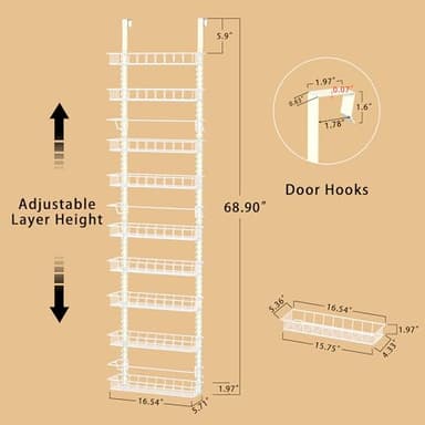 Churboro Over the Door Pantry Organizer Rack with 9 Adjustable Baskets, 9 Tiers Dual-use Hanging or Wall Mount Spice Rack Organizer, White - Image 2