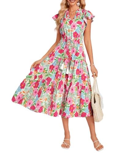 Women's Spring Floral Tiered Long Midi Dresses Short Sleeve Boho Beach Ruffle Floral Dress for Women Flowy Swing Maxi Dress - Image 1