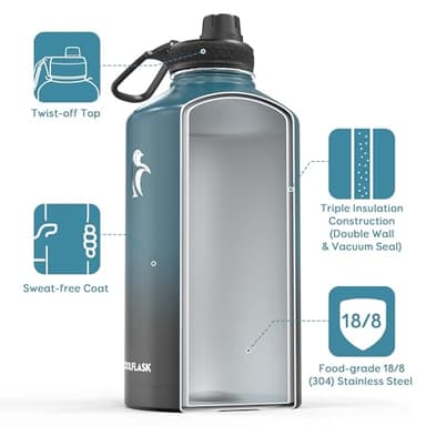 Coolflask 128 oz Gallon Water Bottle Insulated with Straw&3 Lids, Water Jug Large Stainless Steel Metal Vacuum Wide Mouth for Sports, Gym or Office, Non-BPA Keep Cold 48H Hot 24H, Samurai Cyan - Image 3