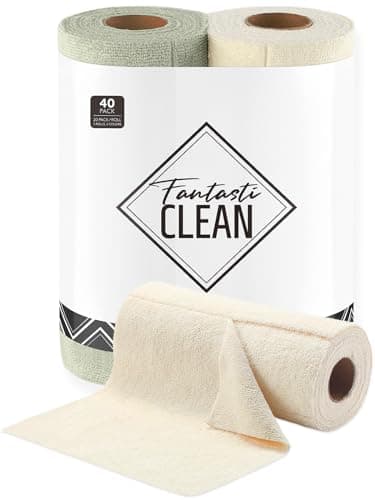 Fantasticlean Tear Away Dish Cloth - 40 Sheets - 10'' by 10'', Reusable Washable Kitchen Towel Rolls, Super Absorbent and Thick Microfiber Cleaning Cloths (2 Rolls of Beige and MossGreen) - Image 1