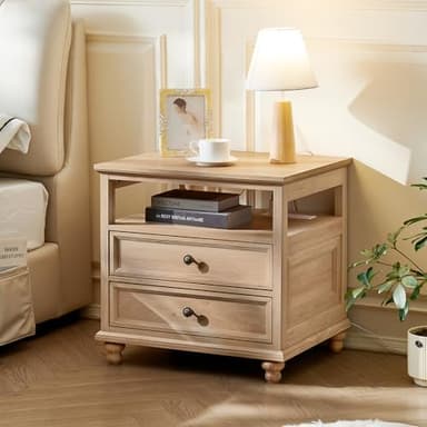 Joaxswe Farmhouse Nightstand Set of 2 with Charging Station, 24" Wide End Table with 2 Drawers,Natural Dresser for Bedroom,Bed Side Table Chest of Drawers Cabinet, Night Stand for Living Room - Image 3