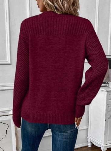 EVALESS Womens Sweaters Casual Long Sleeve Crewneck Cable Knit Lightweight Oversized Crochet Sweater Pullover Tops Burgundy Large - Image 2