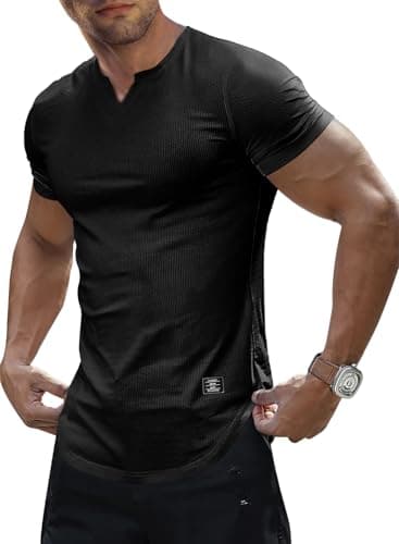 JMIERR Muscle Shirts for Men Slim T Shirt V-Neck Hip Hop Longline Henley Black Shirt Short Sleeve Gym Workout Athletic Tees Shirts,US 38(S) - Image 1