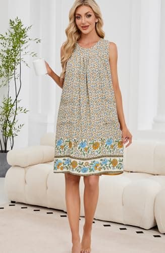 POGTMM Women Sleeveless Shift Dress Sundress Floral Print House Dresses for Women with Pockets (XL, D4-Apricot) - Image 2