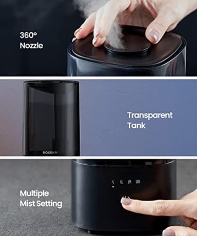 ROSEKM Humidifiers for Bedroom, 2.0L Cool Mist Humidifier for Home Plant and Baby Nursery, Quiet Ultrasonic Humidifier with 360° Nozzle, Auto Shut-Off, Filterless, Black - Image 4