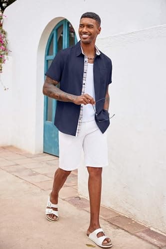 COOFANDY Men's Summer Shirt Short Sleeve Button Up Shirt Regular Fit Tropical Holiday Beach Shirts Navy Blue - Image 4