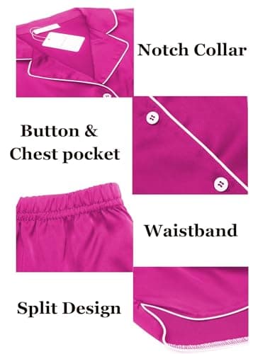 Ekouaer Womens Silk Satin Pajamas Set Short Sleeve Sleepwear Button Down Loungewear 2 Piece Pjs Shorts Set Hot Pink Medium - Image 7