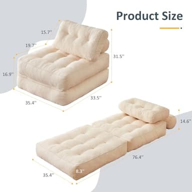 Afuson Folding Chair Bed, Futon Sofa, Floor Couch for Adults Chair for Living Room, Lounge Sofa, Convertible Sofa Bed, Small Couches for Small Spaces, Beige - Image 2