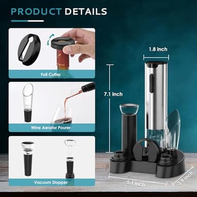 EUHOMY Electric Wine Opener with Charging Base, Wine Aerator Pourer and Foil Cutter, Stainless Steel Automatic Corkscrew Opener with Wine Vacuum Stopper, Fine Set for Wine Lovers - Image 3