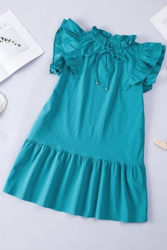 Dokotoo Summer Dresses for Women Sun Dresses 2025 Elegant V Neck Drawstring Ruffle Solid Pockets Cap Short Sleeve Casual Dresses for Women Green Large - Image 3