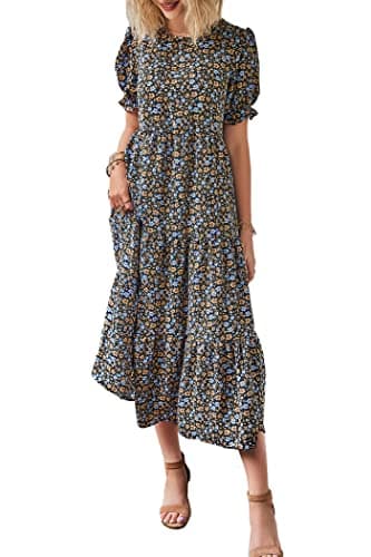 PRETTYGARDEN Summer Dresses for Women 2025 Casual Floral Boho Midi Sun Dress Puff Short Sleeve Flowy Beach Vacation Sundress (Navy Floral,X-Large) - Image 1