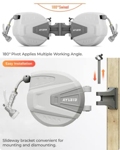 Ayleid Retractable Garden Hose Reel,1/2 in x 100 ft Wall Mounted Hose Reel, with 9- Function Sprayer Nozzle, Any Length Lock/Slow Return System/Wall Mounted/180°Swivel Bracket (Grey) - Image 9