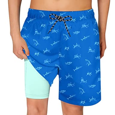 Cozople Big Boys Quick Dry UPF50+ Beach Swim Trunks with Stretchy Boxer Brief Liner Swimming Shorts Novelty Blue Shark Graphic Lightweight Swimwear Bathing Suit Size 10-12 - Image 1