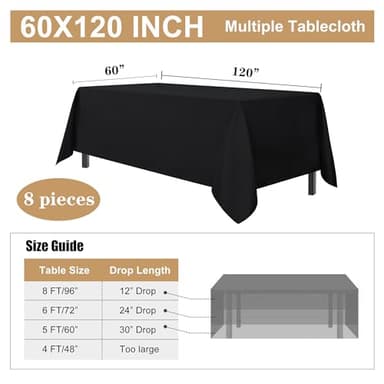 sancua 8 Pack Black Tablecloth 60 x 120 Inch, Rectangle Table Cloth for 8 Feet Tables - Stain and Wrinkle Resistant Washable Polyester Table Cover for Dining Tables, Buffet Parties and Camping - Image 7